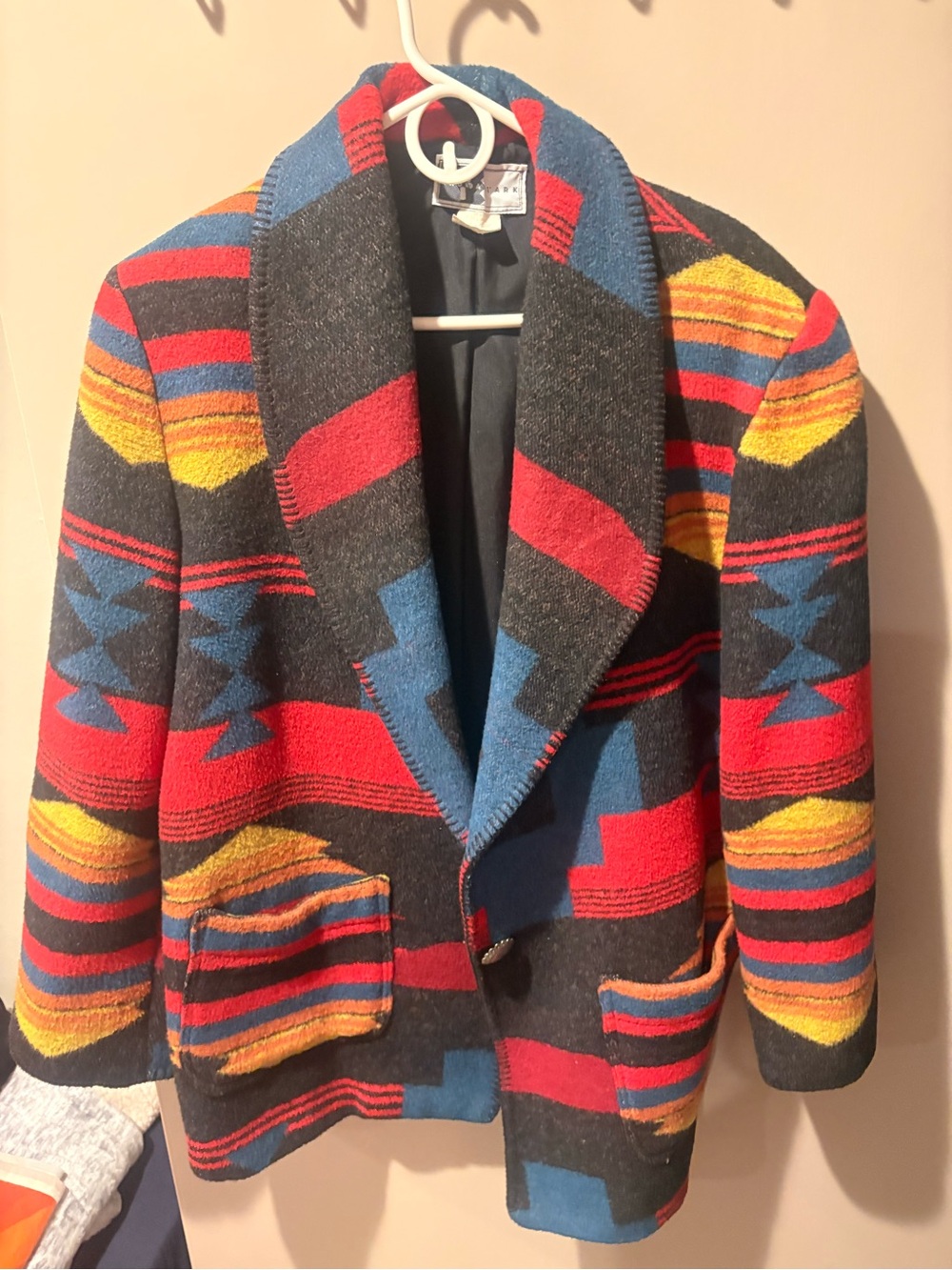 Women's Patterned Pea Coat with Shawl Collar in Red, Blue & Yellow